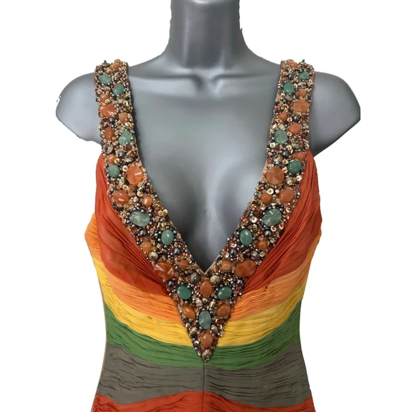 NWT Mandalay 100% Silk Mylticolored Midi Dress w/Gemstone&Beaded embellishment 4 - Picture 2 of 13